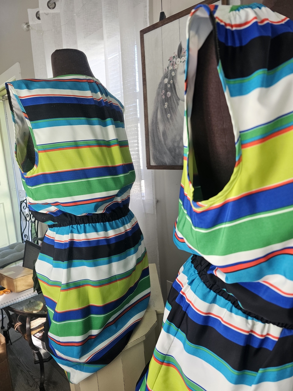 Vince Camuto Sleeveless Striped Dress in Blue, Green, White & Black